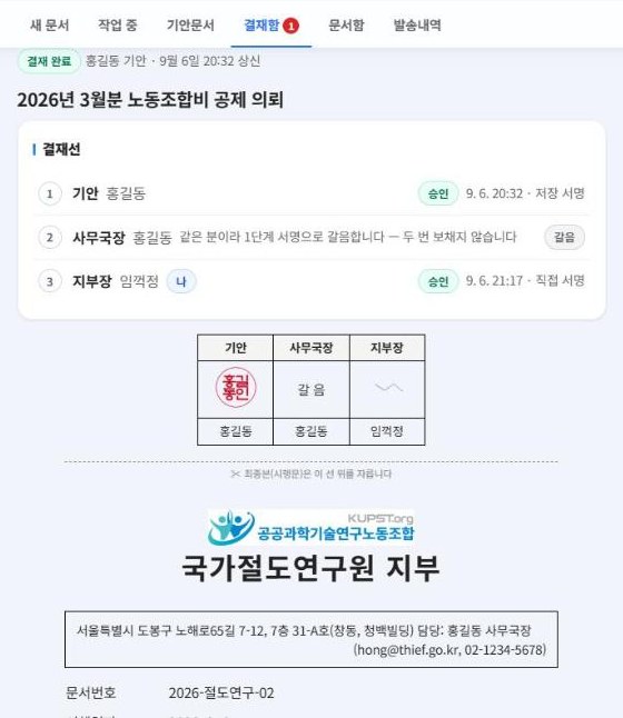 결재 완료 문서 — 결재선 세 칸이 모두 찬 모습과 문서번호